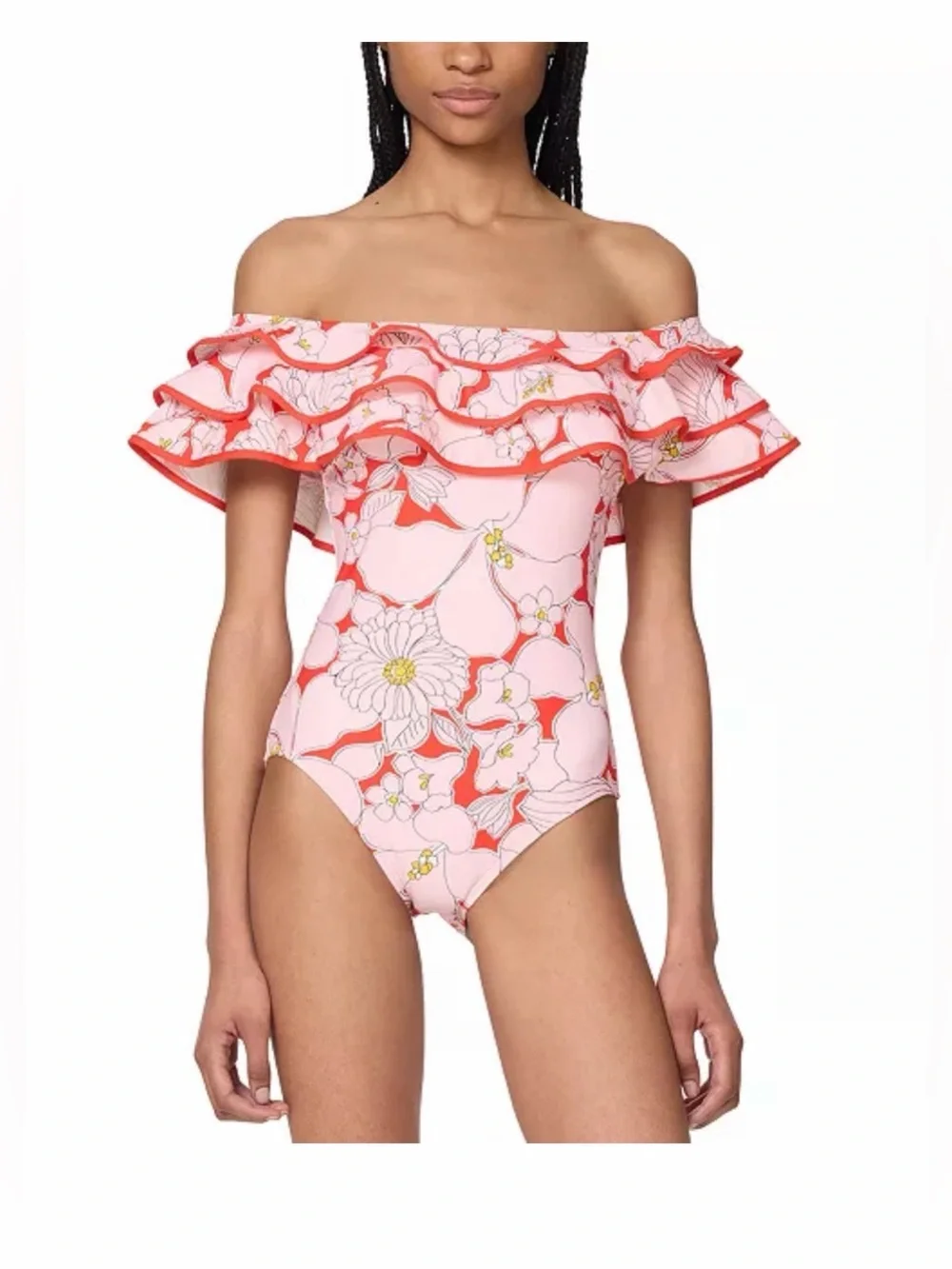 Kate Spade New York Floral Ruffle One Piece Swimsuit Pink Red Size 8 NWT